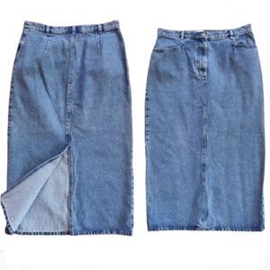 Vintage 90's Evan Picone Blue Wash Back Slit High Waist Preppy Denim Midi Skirt